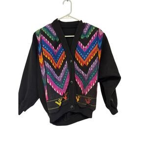Vintage Boho Southwestern Cardigan  Geometric Knit Black Button Front Sweater
